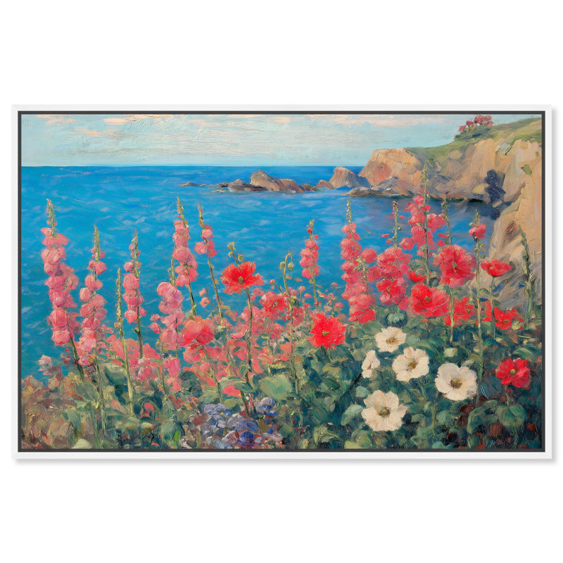 «Cliffside Bloom I», art floral classique par Art Remedy, H 37 po x l 55 po x P 1,8 po, Cadre flottant blanc