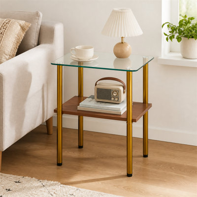 Table d'appoint en verre trempé avec tablette en panneau de fibres à densité moyenne, cadre doré