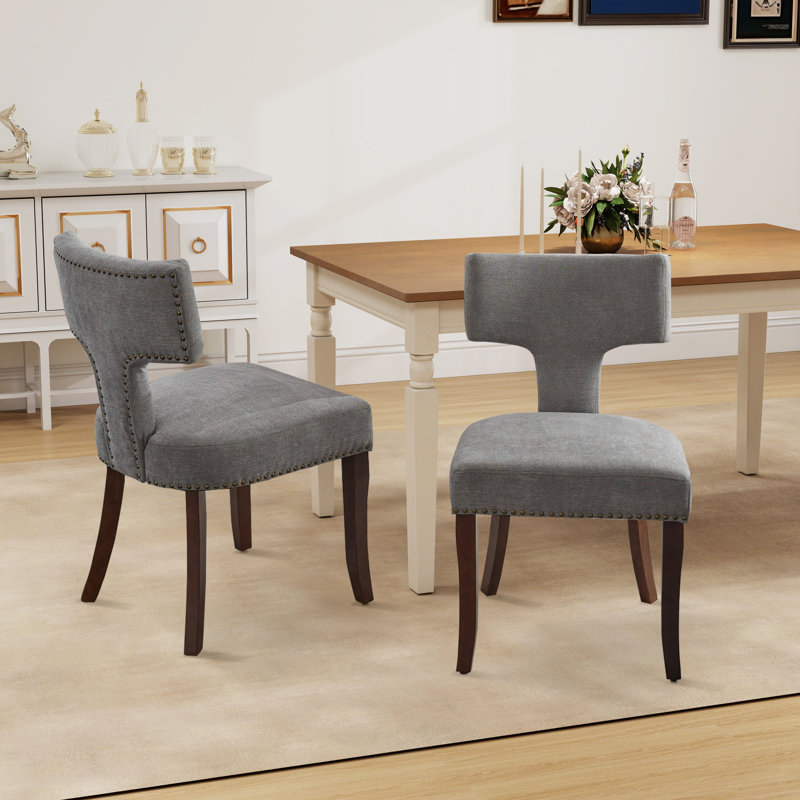Ensemble de chaises de salle à manger de style Mid-Century moderne, ensemble de 2 chaises d'appoint rembourrées en tissu de lin ferme avec dossier en cuivre, chaises de cuisine avec structure en bois franc