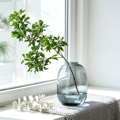 Handmade Smoked Glass Vase, Primary Colored Clear Tabletop Vase for Flower Arrangement, Long Stem Branch Artificial Plant Home Indoor Centerpiece Decoration, Smoky Gray