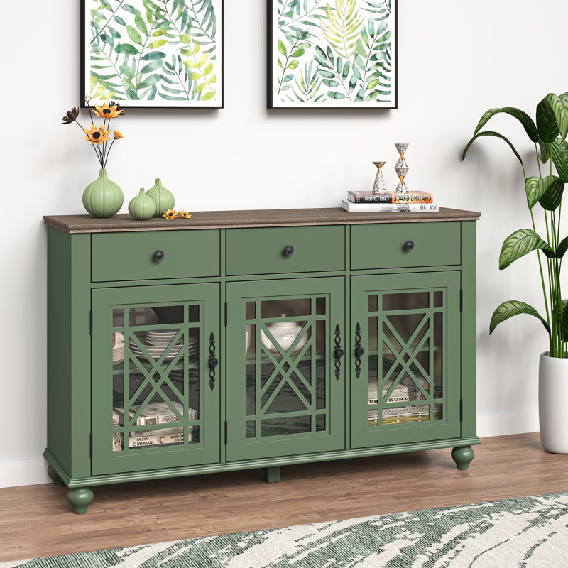 55" W Sideboard Buffet Cabinet, 3 Drawers & 3 Glass Doors Storage Credenza-Green, Green/Dark Brown