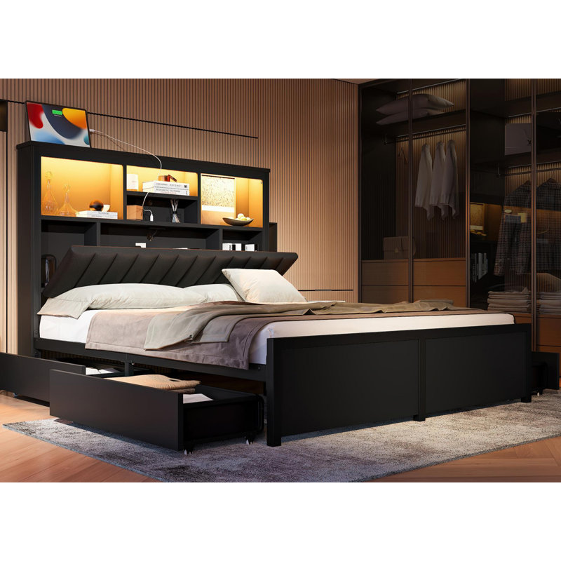 Queen Bed Frame With High Storage Headboard, Bed Frame With Led Light And Charging Station