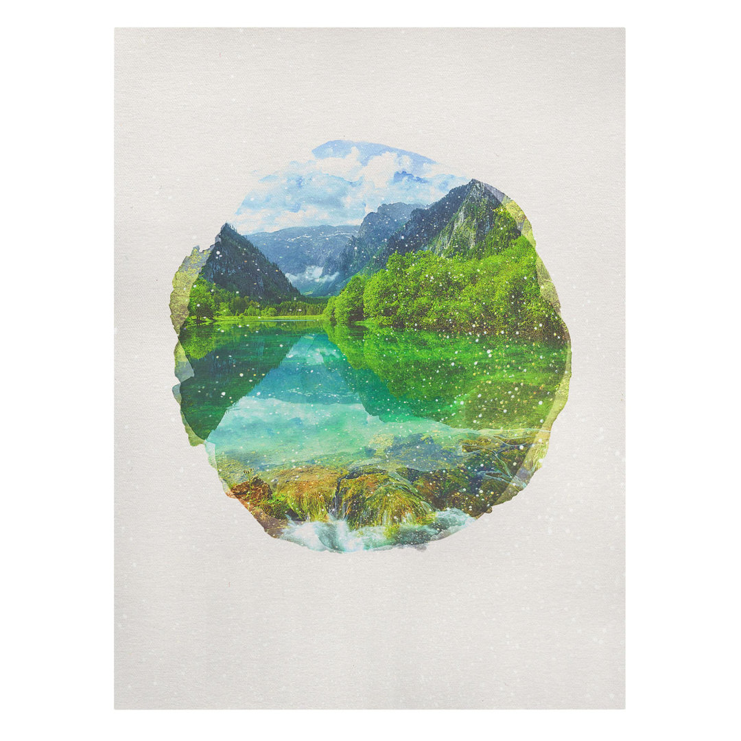 Leinwandbild Aquarell Bergsee mit Spiegelung