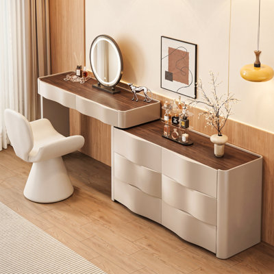 Coiffeuse extensible moderne avec 8 tiroirs, hauteur réglable de 119 à 229 cm, plateau en noyer et gris crème pour chambre à coucher