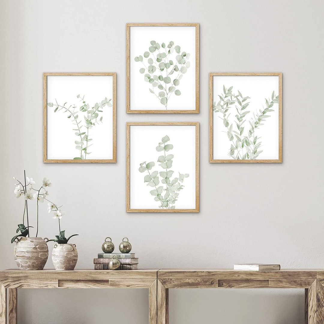 Minimal Botanical IDEA4WALL Framed Pastel Watercolor Green Leaves Wall Art, Set Of 4 Nature Wilderness Wall Decor Prints, Botanical Floral Wall Decor For Living Room, Bedroom Framed 4 Pieces Print IDEA4WALL 