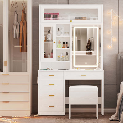 Modern Style 74.4"h Vanity Desk With Led Lighted Mirror And Power Outlet,makeup Vanity Table With Drawers And Open Cubies And Cabinets, White