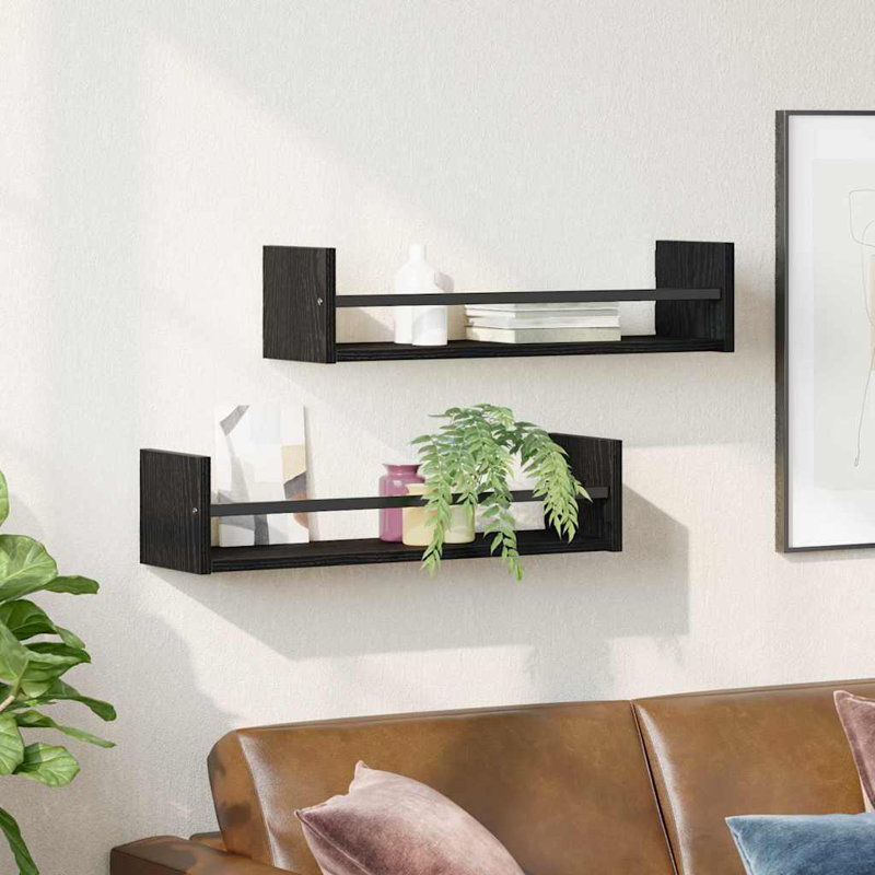 Wall Shelf 2 Pcs Engineered Wood, Black Oak, 14cm H x 60cm W x 16cm D