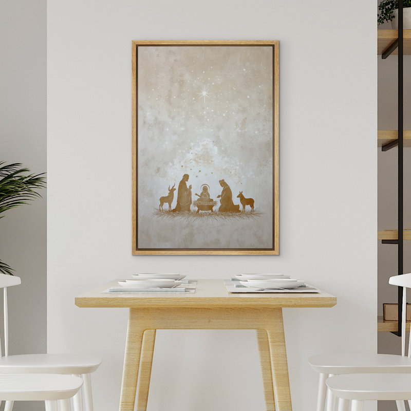 Silhouette de crèche dorée sous un ciel étoilé, scène de Noël spirituelle, reproduction d'art sur toile encadrée, Naturel