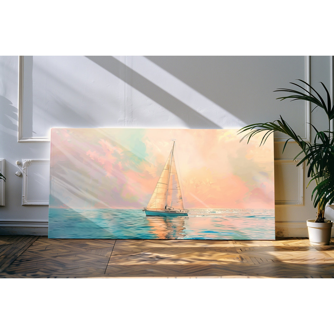 Leinwandbild gerahmt 120x60cm Segelboot Segelschiff Horizont Meer Pastelltöne