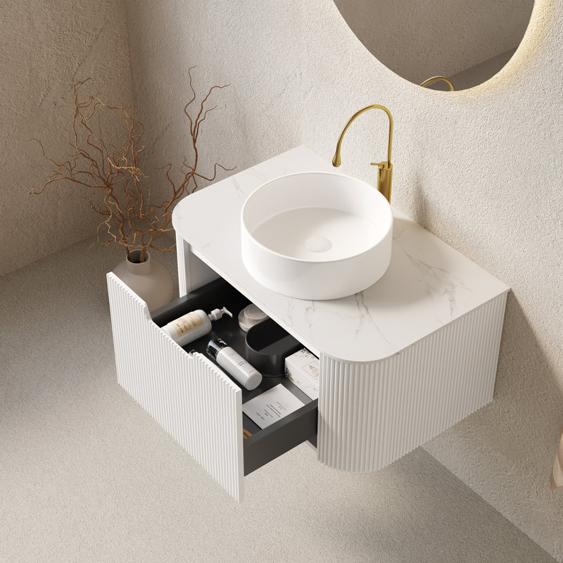 Meuble-lavabo moderne blanc avec lavabo et rangement spacieux