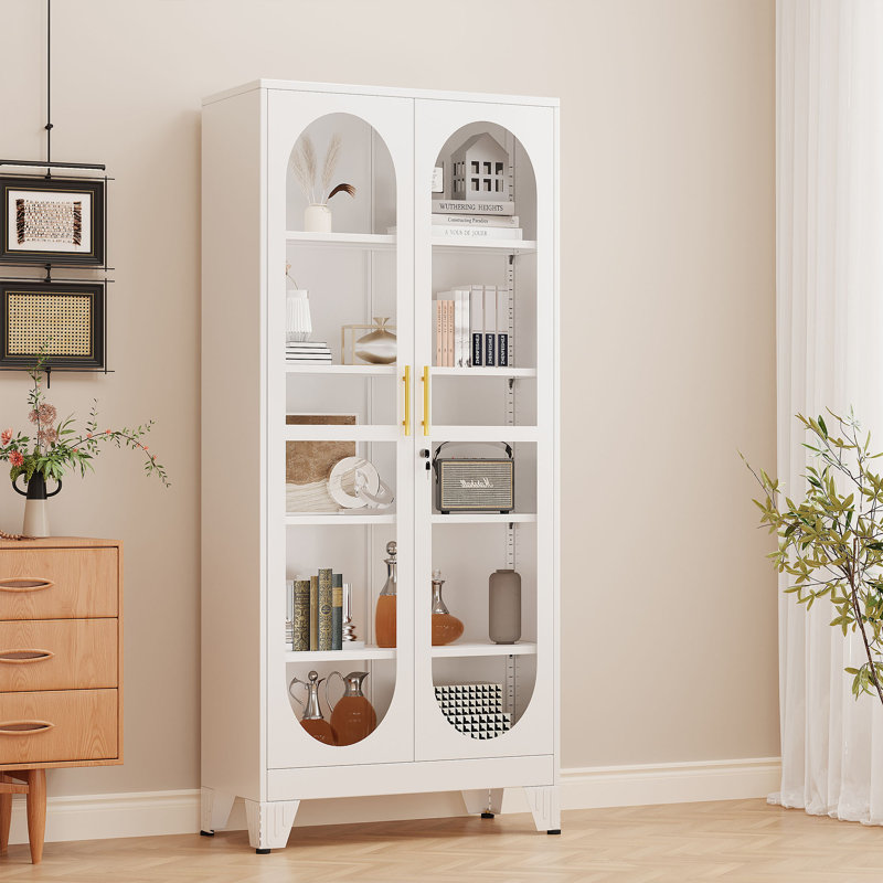 70.87"H Tall Black Glass Display Cainbet with 4 Adjustable Shelves, White