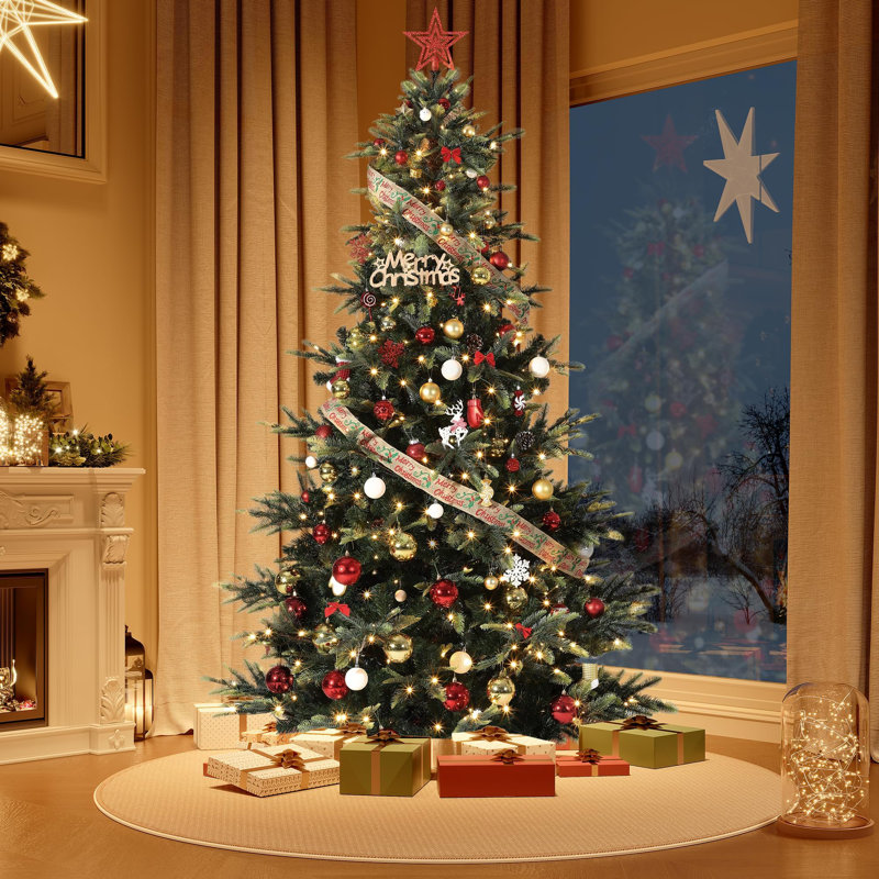 Pre-Lit Artificial Christmas Tree – 198.1 cm/228.6 cm, Thickened Spruce PE & PVC Divisions, Warm White UL Incandescent Lights, Fire-Resistant, Easy Assembly, Home/Office Holiday Decor