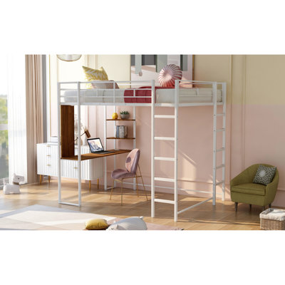 White Metal Loft Bed With Integrated Desk And 2 Shelves - Practical Functional Size In & Stable Design
