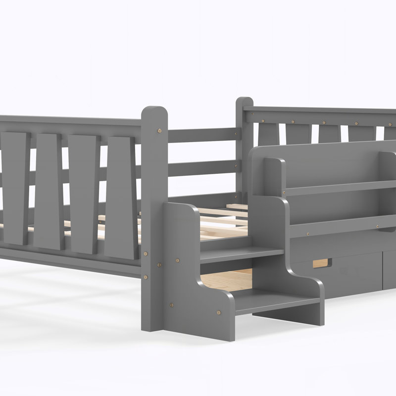 Twin Size Floor Bed with Storage Bookcases and Drawers, Full / Double, Gris