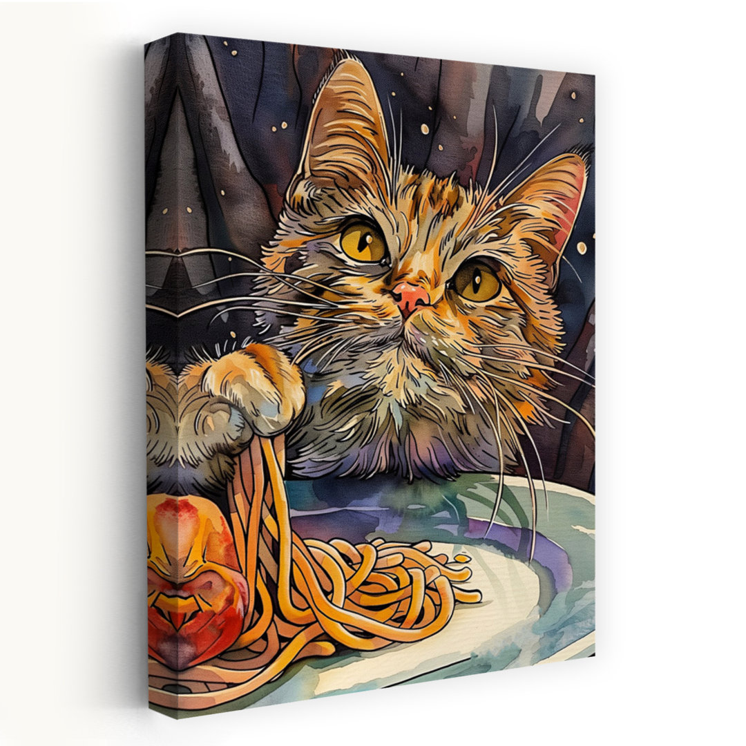 Cat'S Spaghetti Dinner Playful Whimsical Contemporary Cat Wall Art Print