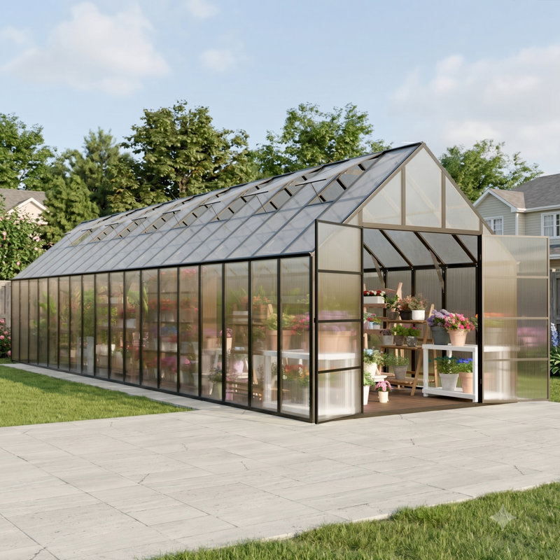 36X10 FT Walk-In Polycarbonate Greenhouse With Aluminum Frame, Lockable Door & Ventilation Window, Green House For Outdoors