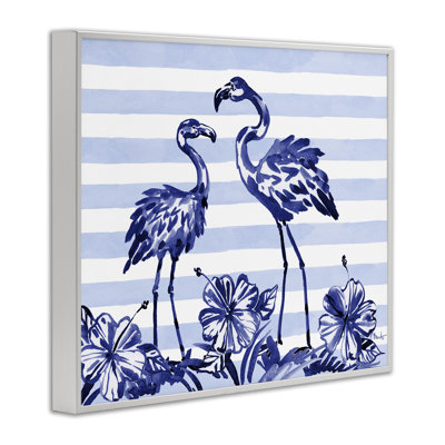 Giclée encadrée de flamants indigo sur rayures, design par Paul Brent