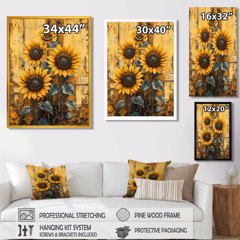 Donnavan Farmhouse Barn Sunflowers At The Fence I - Art mural de tournesols, Argent argent, Impression encadrée flottante