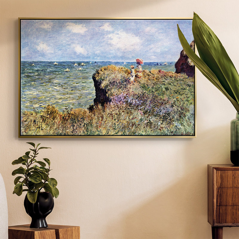 «Walk On The Cliff» par Monet, reproduction d'art sur toile, H 41 po x l 27 po x P 2 po, Or