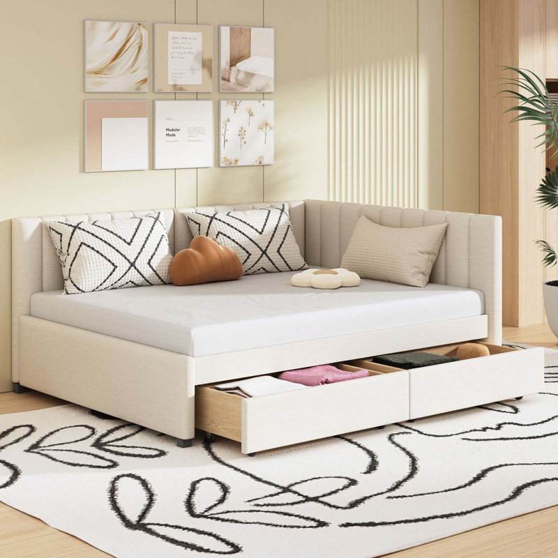 Upholstered Daybed With 2 Storage Drawers Sofa Bed Frame No Box Spring Needed, Linen Fabric, Beige
