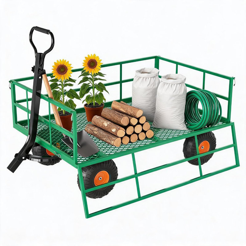Chariot de jardin 3 en 1 robuste en acier, à tirer, avec panneaux latéraux amovibles, roues de 10/13 pouces et capacités de charge multiples pour le transport de terre, d'outils et de plantes.