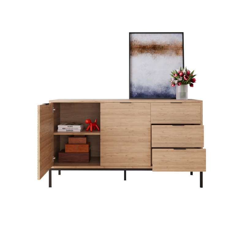 Alya Lined Sideboard Cabinet 140 cm - Modern Storage Sideboard with 3 Drawers & 2 Doors, Oak Effect