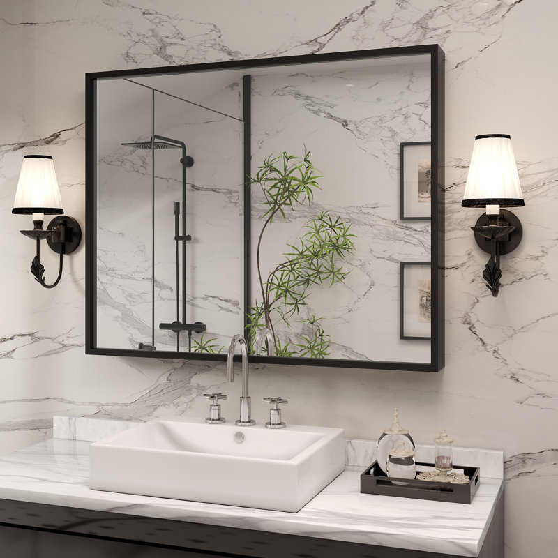 Molly Tempered Glass and Metal  Alloy Square-Corner Framed French Cleat Mounted Wall Bathroom / Vanity Mirror, 40" x 32"
