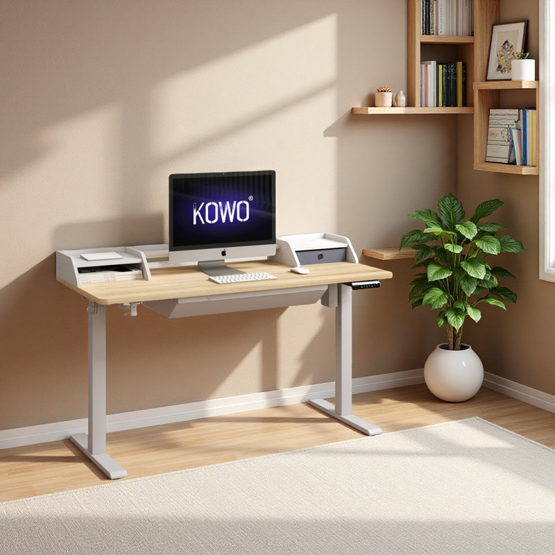 Bureau debout à hauteur réglable électrique Larreon, Naturel / blanc, H 47,2 po x l 47,2 po x P 23,6 po