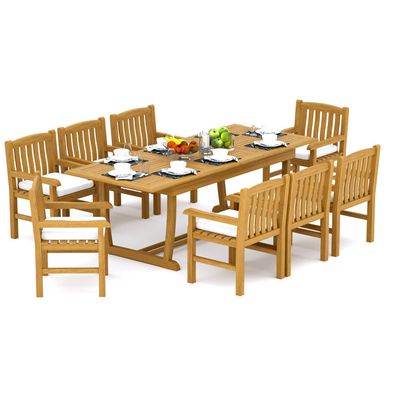 9 Pcs Grade-A Teak Wood Dining Set: 94" Double Extension Mas Rectangle Trestle Leg  Table And 8 Devon Arm Chairs #11DV2108, 8