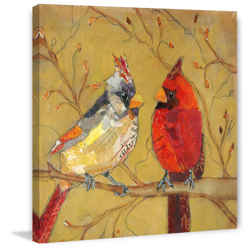 Contemporary Yellow and Red Cardinal Canvas Print with Wood Frame