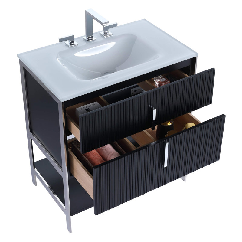 Meuble-lavabo simple avec plateau en verre Millisa, Noir mat, Chrome chrome, 30"