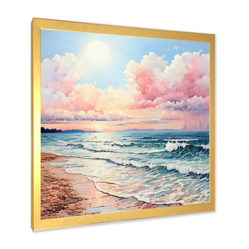 Brise de plage rose - décor d'art mural sable de plage, H 16 po x l 16 po x P 1 po, Cadre doré simple