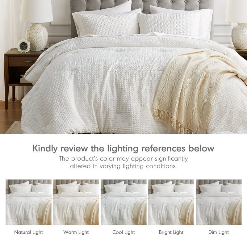 Mina Waffle Weave Textured Comforter Set, White, Twin/ Twin XL Comforter + 1 Standard Sham