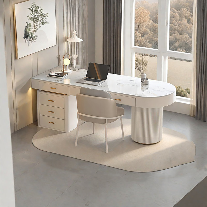 55.12"semi-circle Sintered Stone Office Desk, Modern Minimalist With Drawers, 29.53" H x 55.12" W x 27.56" D