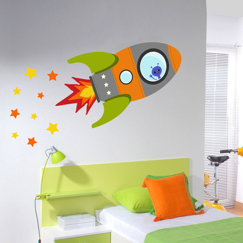 Flying Rocket Wall Stickers, 75cm H x 115cm W, Orange