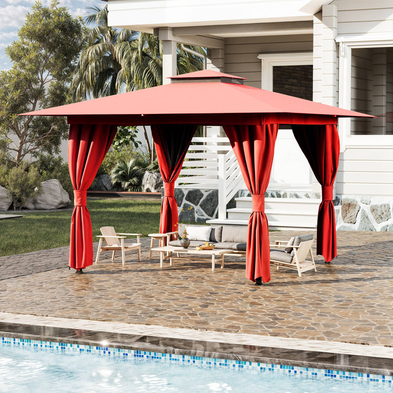 10'x10' Soft-top Gazebo, Heavy-Duty Outdoor Gazebo with Double Roofs, UV Protection & Curtains – Ideal for Patio, Deck, Lawn, and Backyard Use, Wine Red