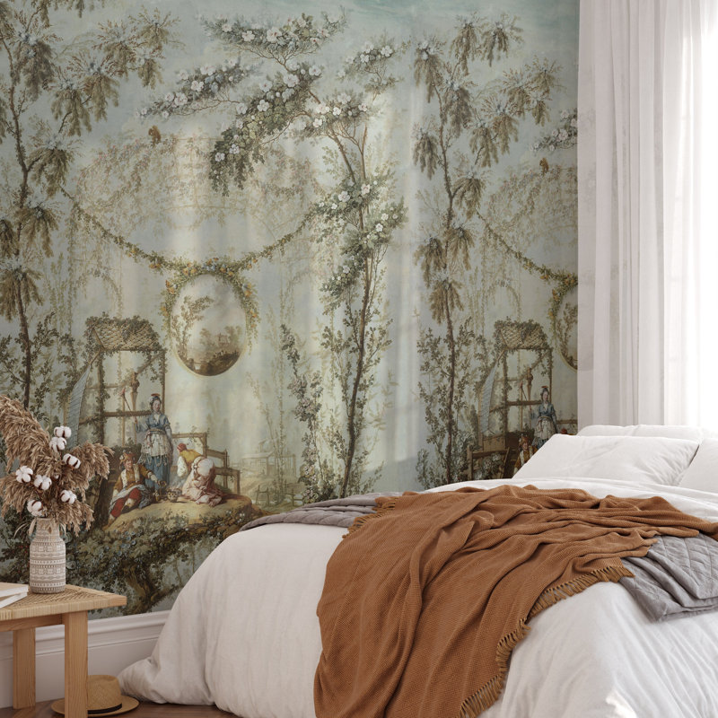 Blue French Rococo Chinoiserie Panel Wallpaper