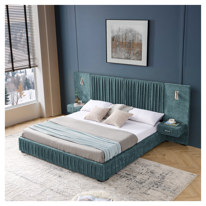 Lit plateforme tapissier très grand en chenille avec tables de chevet intégrées et lampes de lecture réglables, cadre de lit à profil bas plissé - bleu-vert