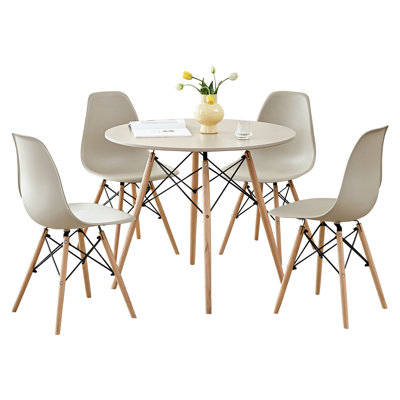 5-Piece Round Dining Table Set for 4, 35.5” Kitchen Table with Chairs, Solid Wood Legs, Plastic Seats, Sand