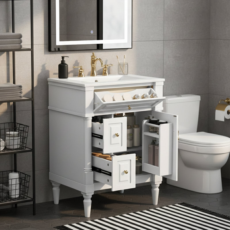  Meuble-lavabo autoportant de 24 po de largeur avec comptoir en céramique, structure en bois d'hévéa massif et tiroir rabattable