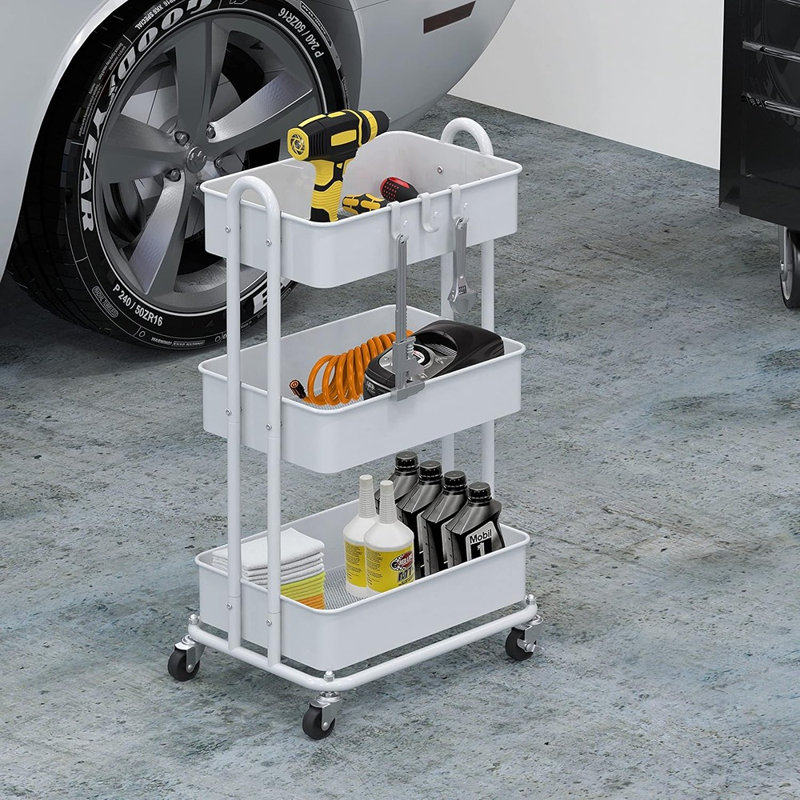 Chariot à roulettes utilitaire en métal robuste à 3 niveaux, chariot de rangement avec roulettes pour la cuisine, la salle de bain ou le bureau - Blanc