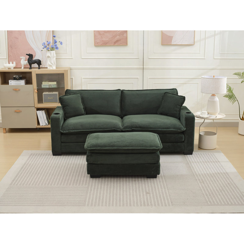 Canapé en L avec support USB et porte-gobelet en forme de L, canapé 2 places en velours côtelé avec 1 tabouret