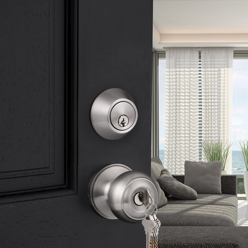Handle With Knob And Deadbolt Reversible Entry Set, Satin Nickel