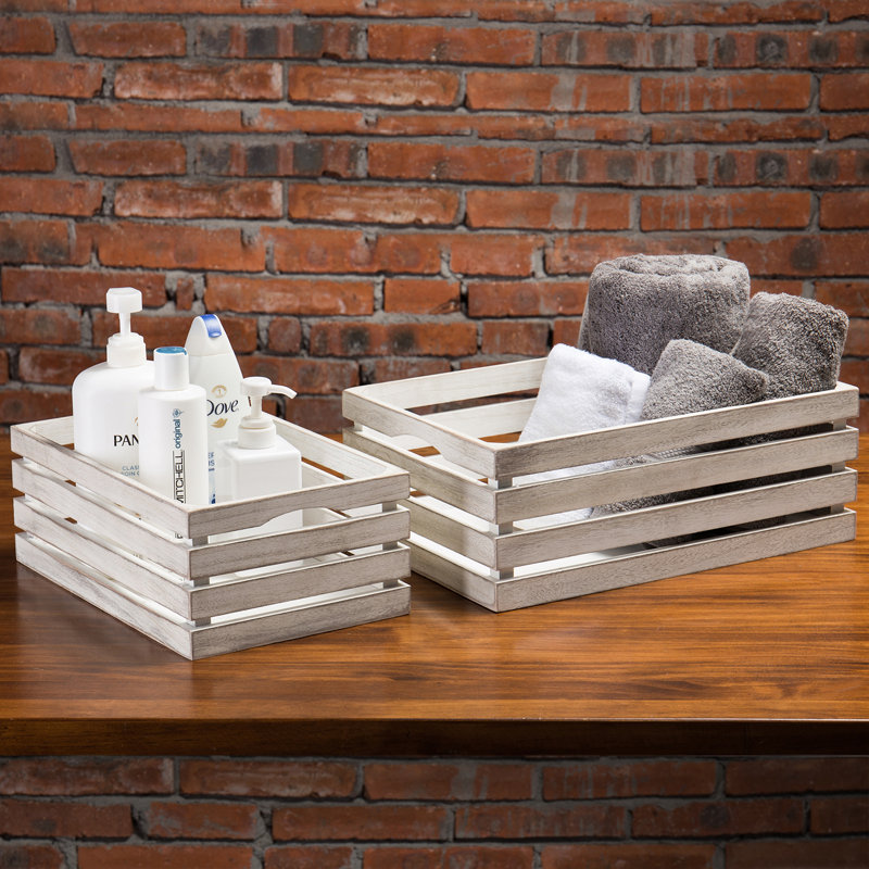 Rustic Whitewashed Solid Wood Crate Set – 2-Piece Nesting Decorative Storage Bins