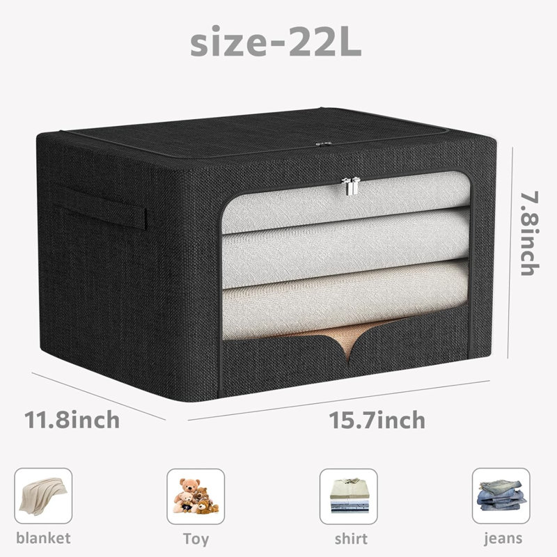 Ensemble de 3 bacs de rangement pour vêtements, boîte de rangement pliable en métal, boîte de rangement empilable en tissu de lin avec poignées de transport et fenêtre transparente (15,7 po x 11,8 po x 7,8 po (22 L))