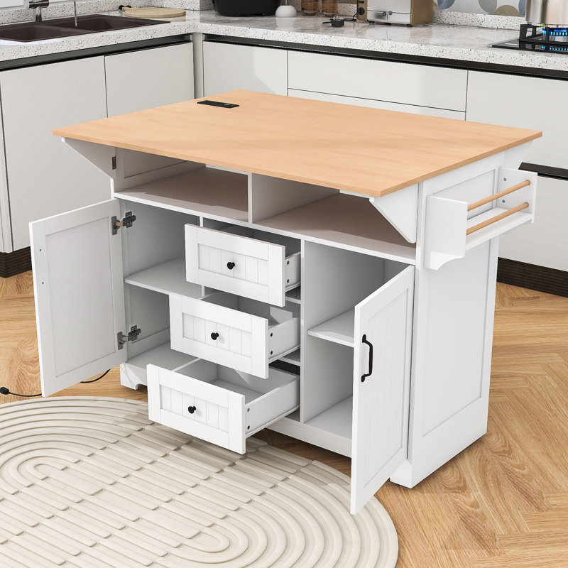 Chike Wooden  Kitchen Island Cart with Built-in Charging Station, Two Drop Leaf and Ample Storage, White