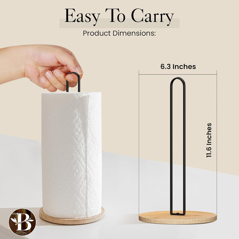 Comptoir porte-serviettes en papier avec base en bambou et tringle en métal, Bambou / noir