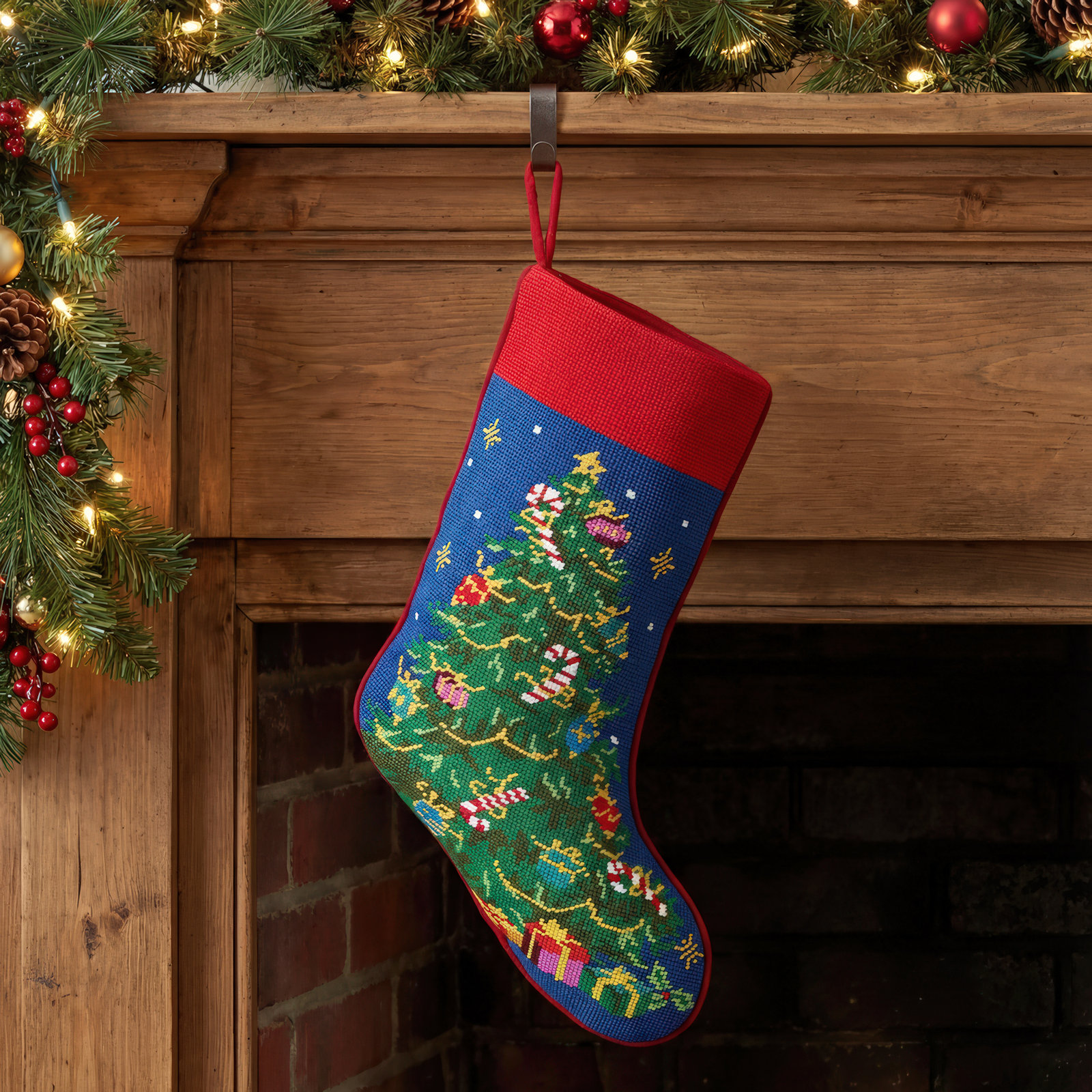 Christmas Tree Embroidered Needlepoint Stocking