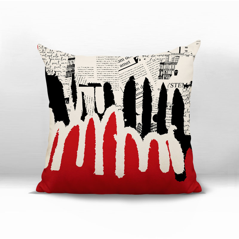 Oreiller carré réversible intérieur / extérieur Kisha, H 19 po x l 19 po, Rouge / noir / blanc cassé abstrait