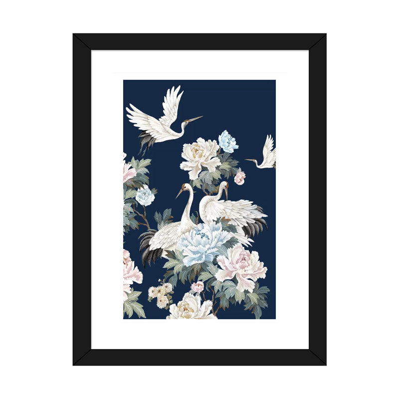 Grues blanches Pearly II par Eva watts, reproduction d’art, H 24 po x l 16 po x P 1 po, Papier encadré noir, Blanc